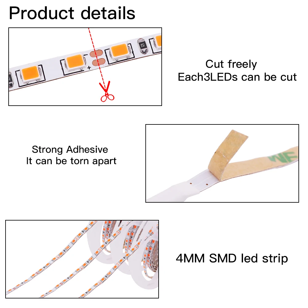 좁은 너비 LED 스트립 조명, 오렌지 색상, 12V 2835 120LED/m IP20 방수 유연한 LED 테이프 백라이트 리본, 5m, 4mm