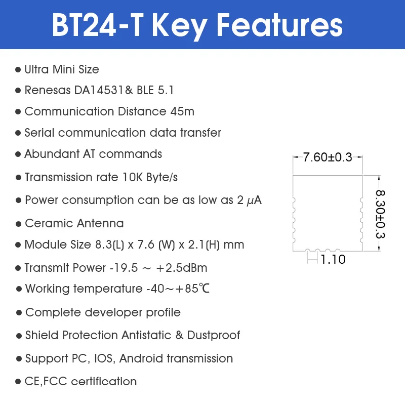 DX-BT24-T low power 2ua Ultra Mini size Bluetooth module 45m 10K B/s Uart Serial port DA14531 BLE 5.1 module AT command for diy