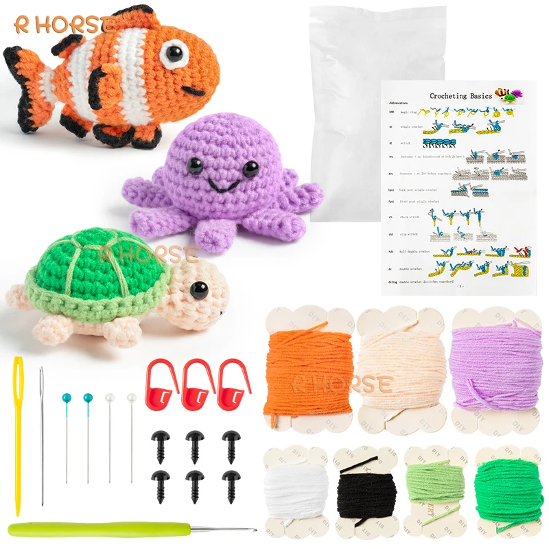 Beginner Crochet Kit for Kids Non-finished Knitting Fiber Crochet Starter Kit Animals Turtle Octopus Yarn Hooks Pack DIY Craft