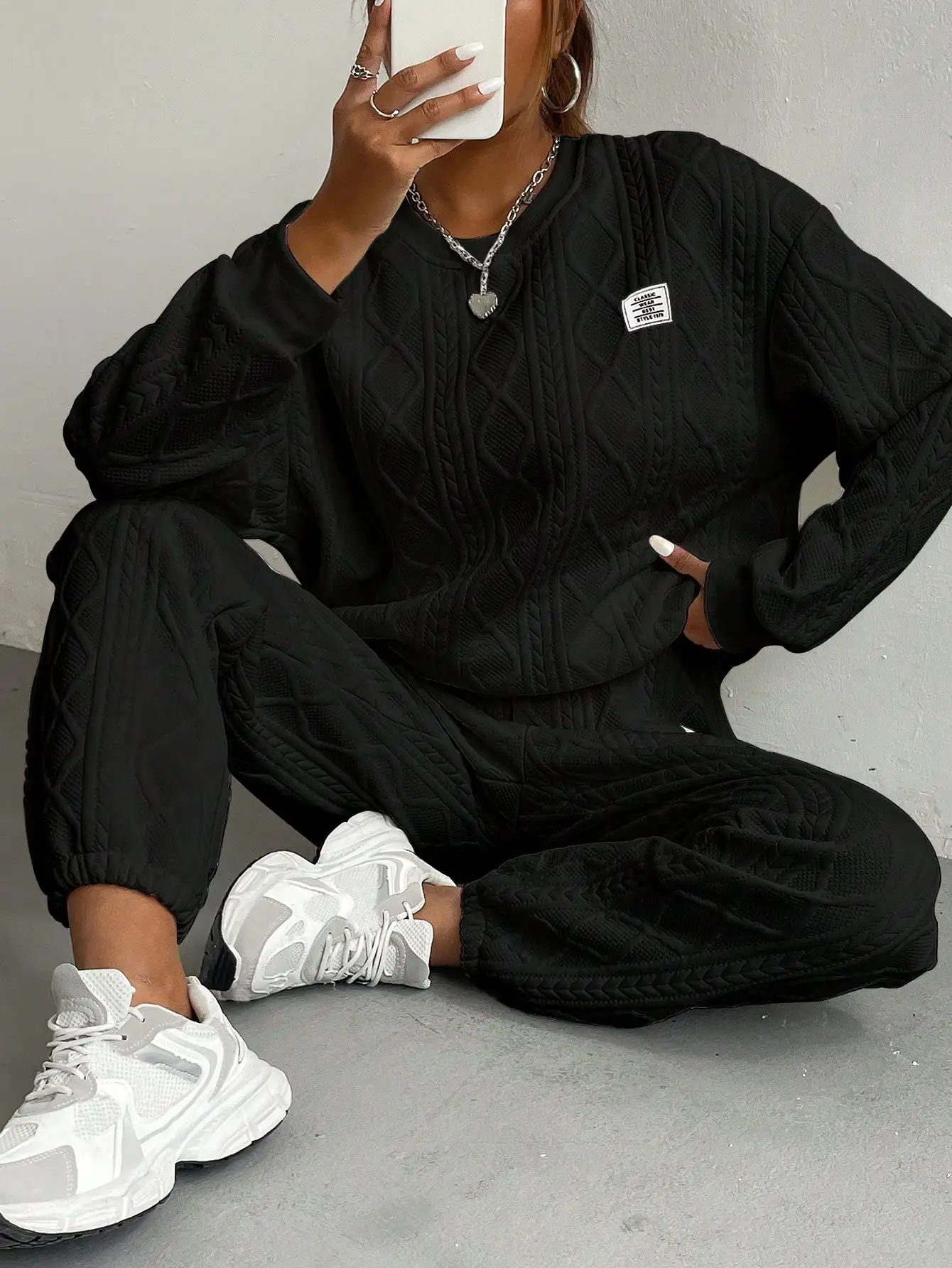 

Women's Quilted Cable Knit Matching Set with Round Neck and Patch Detail