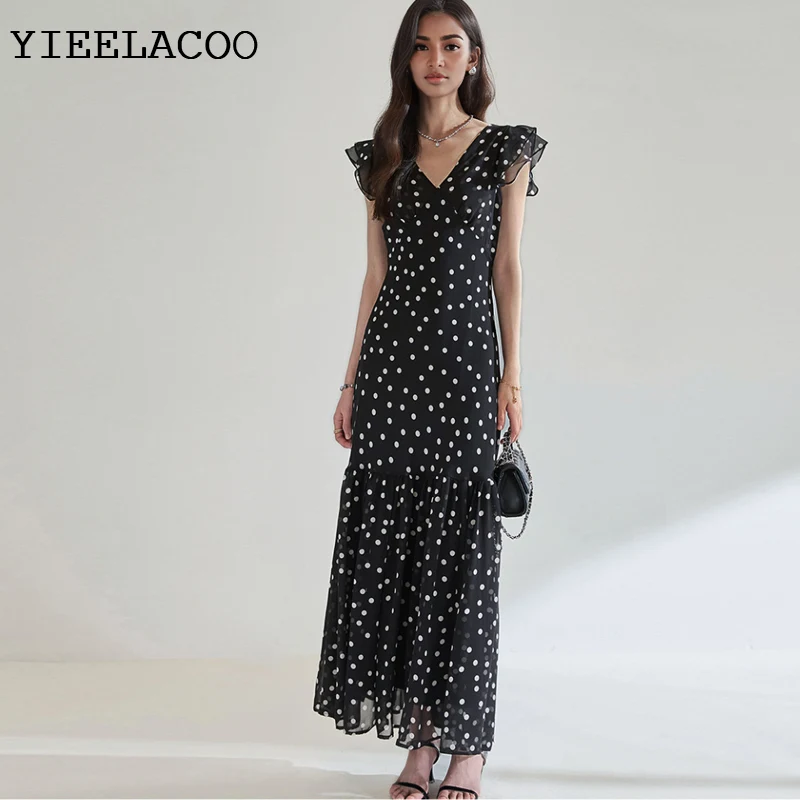 

Black polka dot dress print 2026 spring / autumn women's dress Leisure vacation one-piece Ladies Classic chiffon dress
