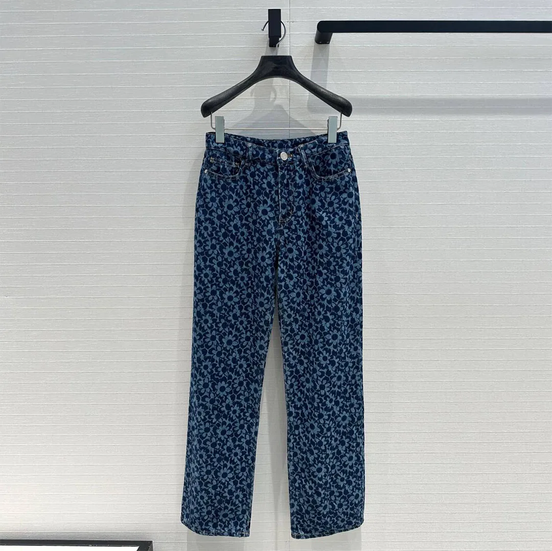 2024 New Fashion Design Floral Print Washed Blue Jeans Women High Waist Casual Straight Vintage Denim Pants