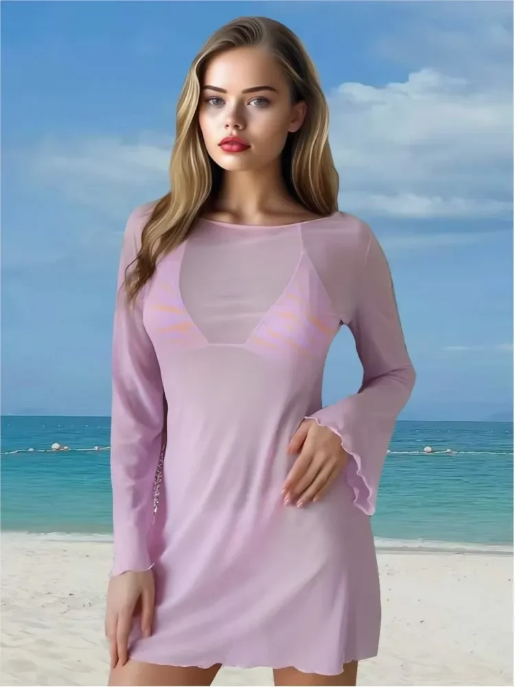 

CPSYM женское сексуальное прозрачное сетчатое пляжное платье, легкий халат бикини с рукавами-колокольчиками, летнее каникульное платье для женщин