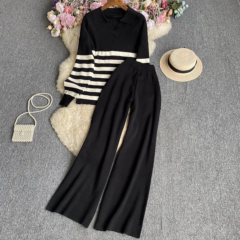 Spring Summer Knitted 2 Piece Sets Korean Womens Sweaters Pull Tops Suit Knitwears Wide Leg Pants Outfit Casual Striped Conjunto