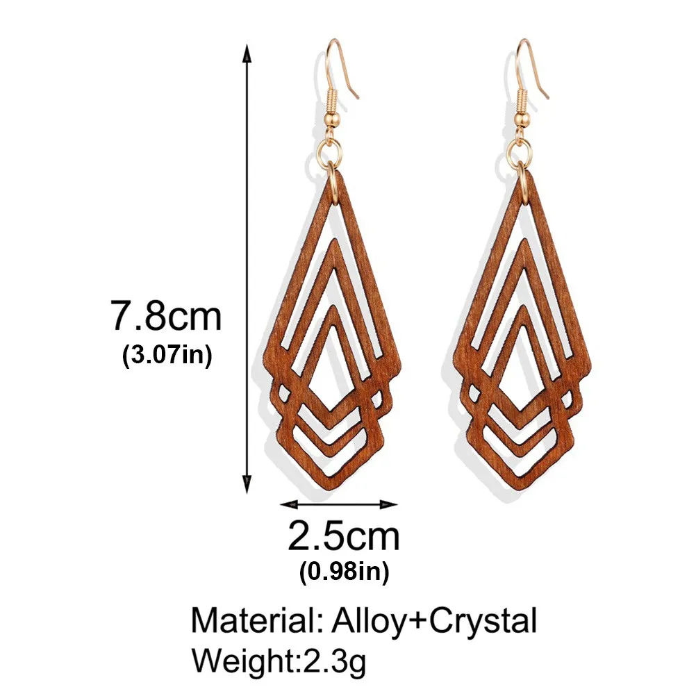 1Pair Rhombus Wooden Earbob Hollow-Out Ear Dangle Stylish Ear Decoration for Dating Party Wedding Gift Elegant Daily Wear