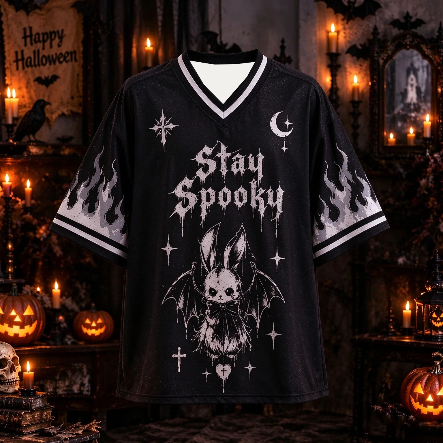 2026 New Halloween Stay Spooky Bat Bunny V-Neck Jersey,Flame Print Oversized Punk Streetwear T Shirt for Men Women
