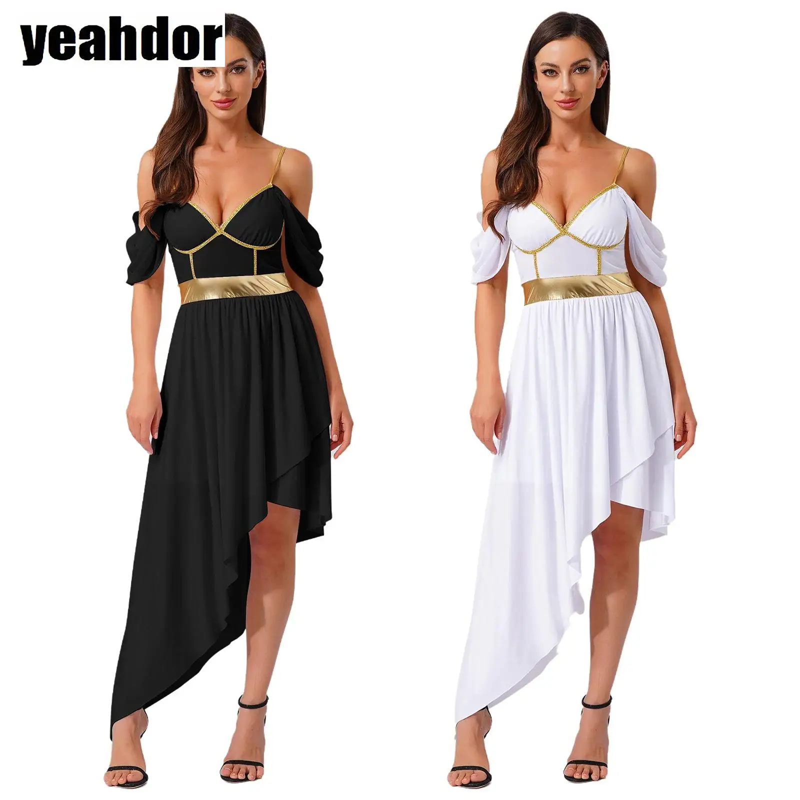 

Women Ancient Greek Roman Queen Dress Metallic Shiny Off Shoulder Asymmetrical Tunic Gown Toga Dress Halloween Carnival Dress Up