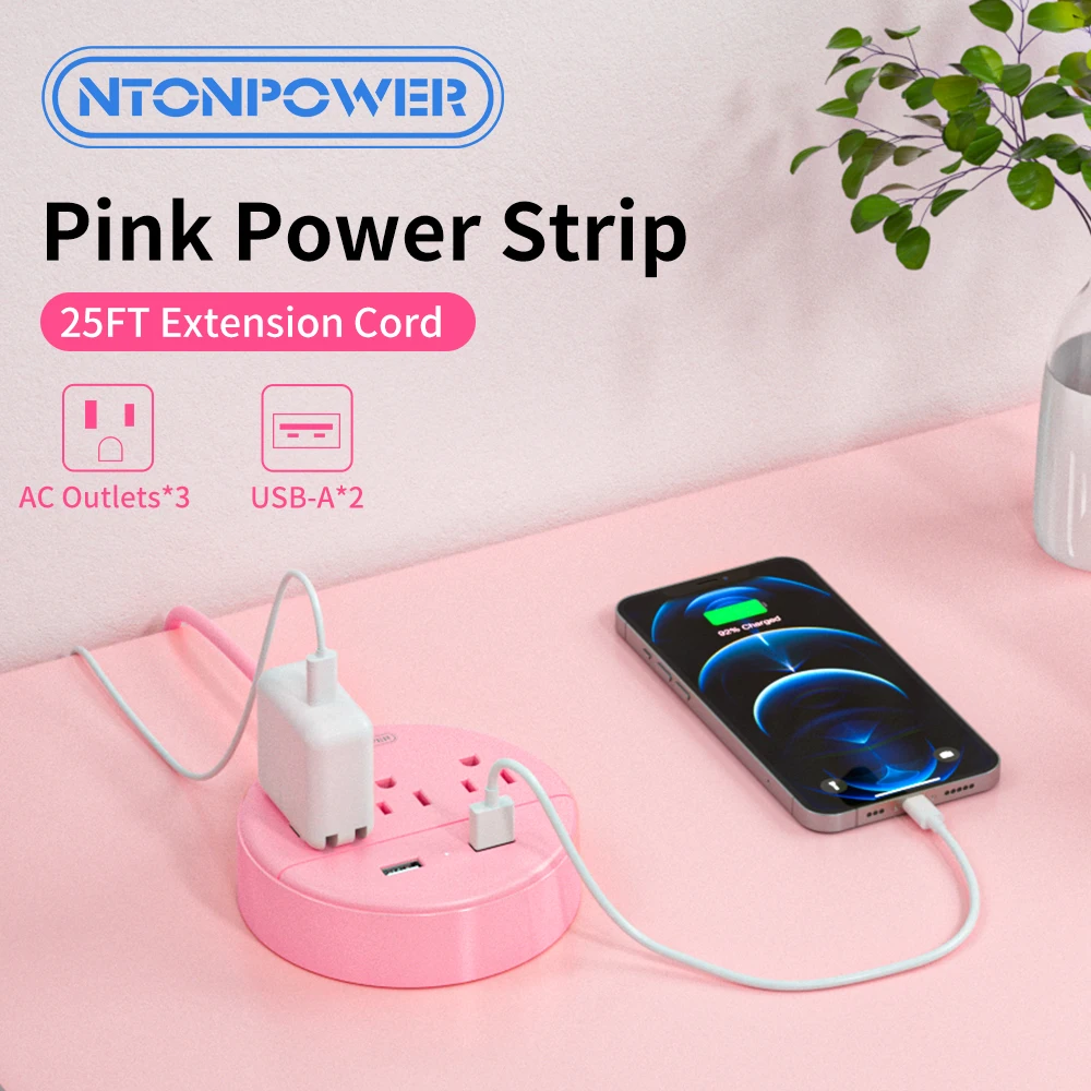 

Pink Cute Power Strip with 3 AC Outlets & 2 USB-A Ports, 5FT Extension Cord Fast Charging US Plug Sweet Design for Home/Office