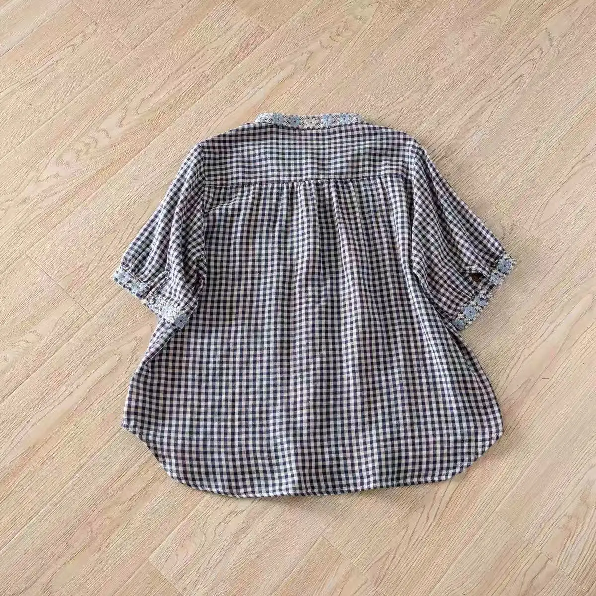 2026 Cottagecore Gingham Shirt Blouse 100% Cotton Yarn Women\'s Floral Embroidered Short Sleeve Tops Women\'s Plaid Shirt