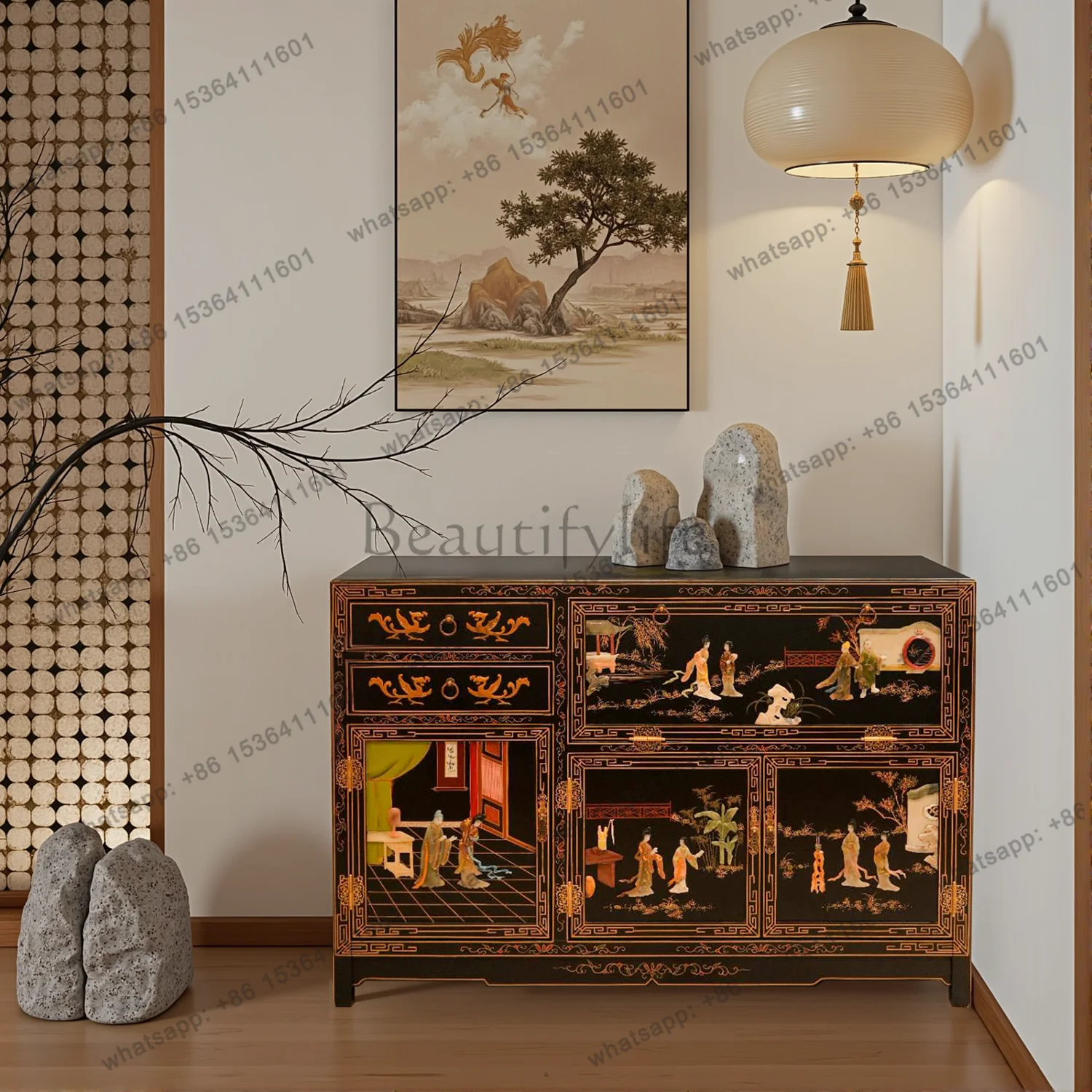 National style intangible cultural heritage lacquer art Yangzhou lacquer cabinet bone stone inlay carved partition cabinet