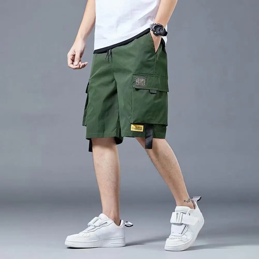 Men Cargo Shorts Solid Color Elastic Waist Multiple Pockets Loose Half Trousers Casual Wear  ashion Summer Casual Short Pants