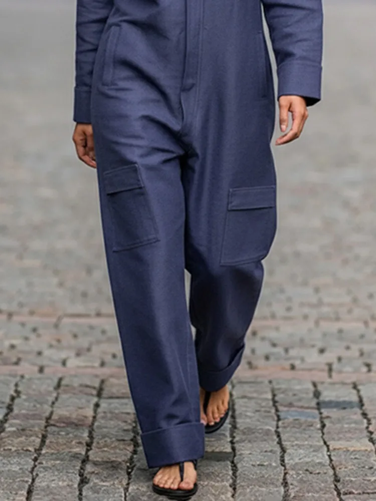 بدلة قفز نسائية من Onecozyday باللون الأزرق الداكن وياقة على شكل طية صدر وأكمام طويلة وسحاب من قطعة واحدة سراويل من قطعة واحدة 2025 ملابس غير رسمية ملابس الشارع