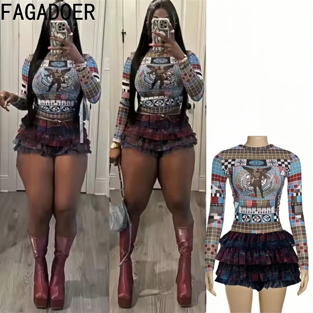 FAGADOER Y2K Streetwear Women 2-częściowy zestaw strój modny nadruk z długim rękawem krótki top i spódnica bąbelkowa garnitury odzież damska