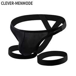 CLEVER-MENMODE stringi męskie G stringi Sexy Bondage bielizna pasek na nogę lodowy jedwab z gąbką uwypuklającą majtki tanga bielizna Jockstrap