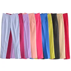 2024 primavera nuova moda donna e Casual doppia tasca Multi linea a vita alta pantaloni Slim Fit tinta unita