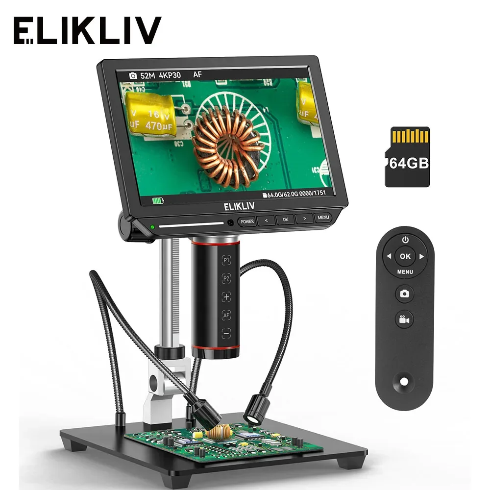 

Elikliv EM4K-AF 4K цифровой микроскоп с автофокусом 2000x8 "HDMI паяльный микроскоп для ремонта электроники с 10-дюймовой подставкой 64G карта