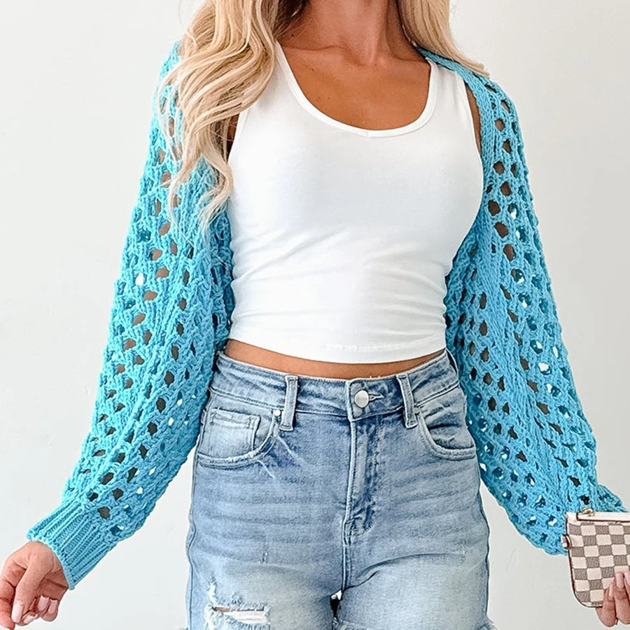 Coprispalle da donna in maglia all'uncinetto scavata, leggero, aperto sul davanti, maglione bolero, cardigan, top corto estivo