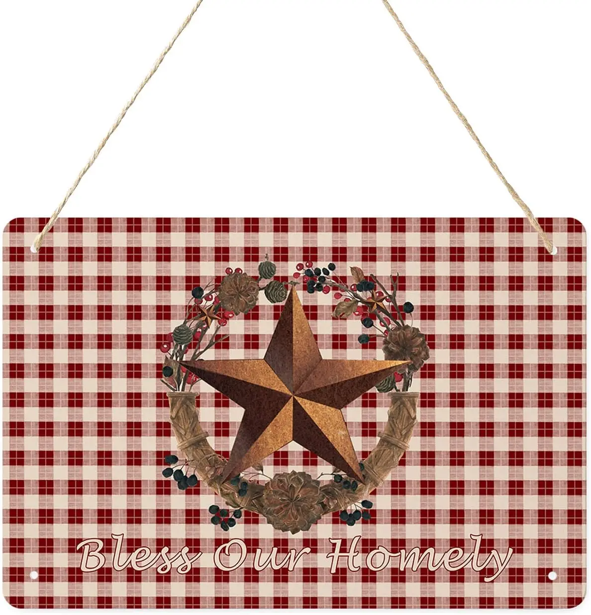 Metal Tin Sign Wall Art Decor Farmhouse Rural Country Wreath Star on Tartan, Welcome Tin Signs for Home Office Kitchen