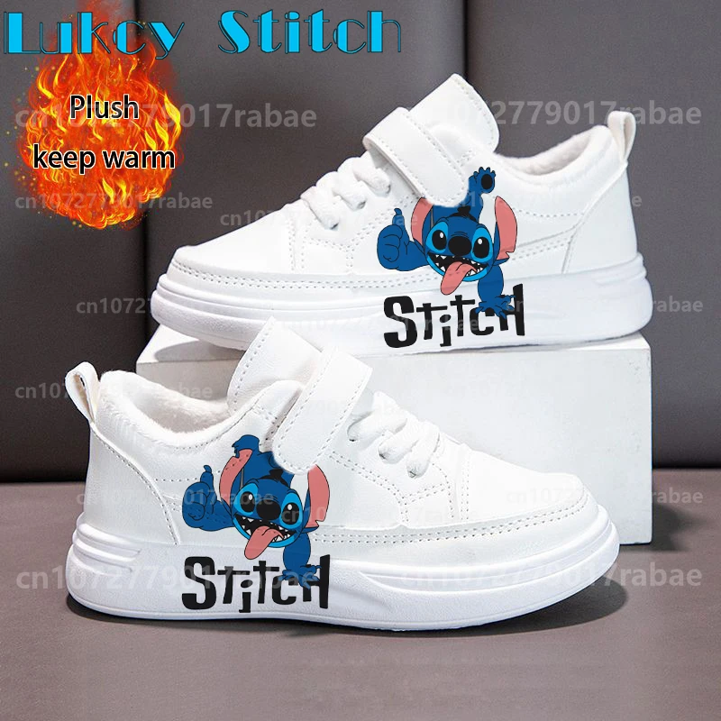 

2025 winter Stitch printing Children shoes boys girls plush keep warm thick sole White Shoes Size 26-37 Christmas Gift
