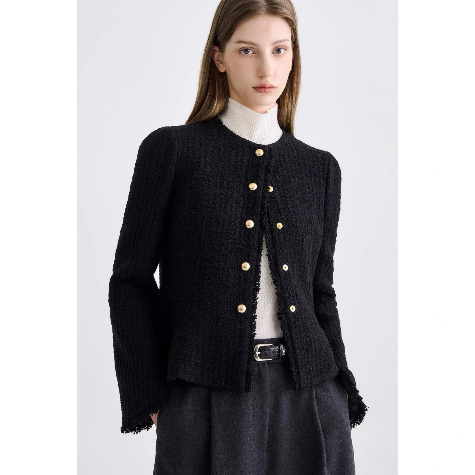 

Lemon Cheese High Quali Spring Elegance round Ne Waist Cinch Versatile Slimming Small Fraance Sle Woolen ort Jaet