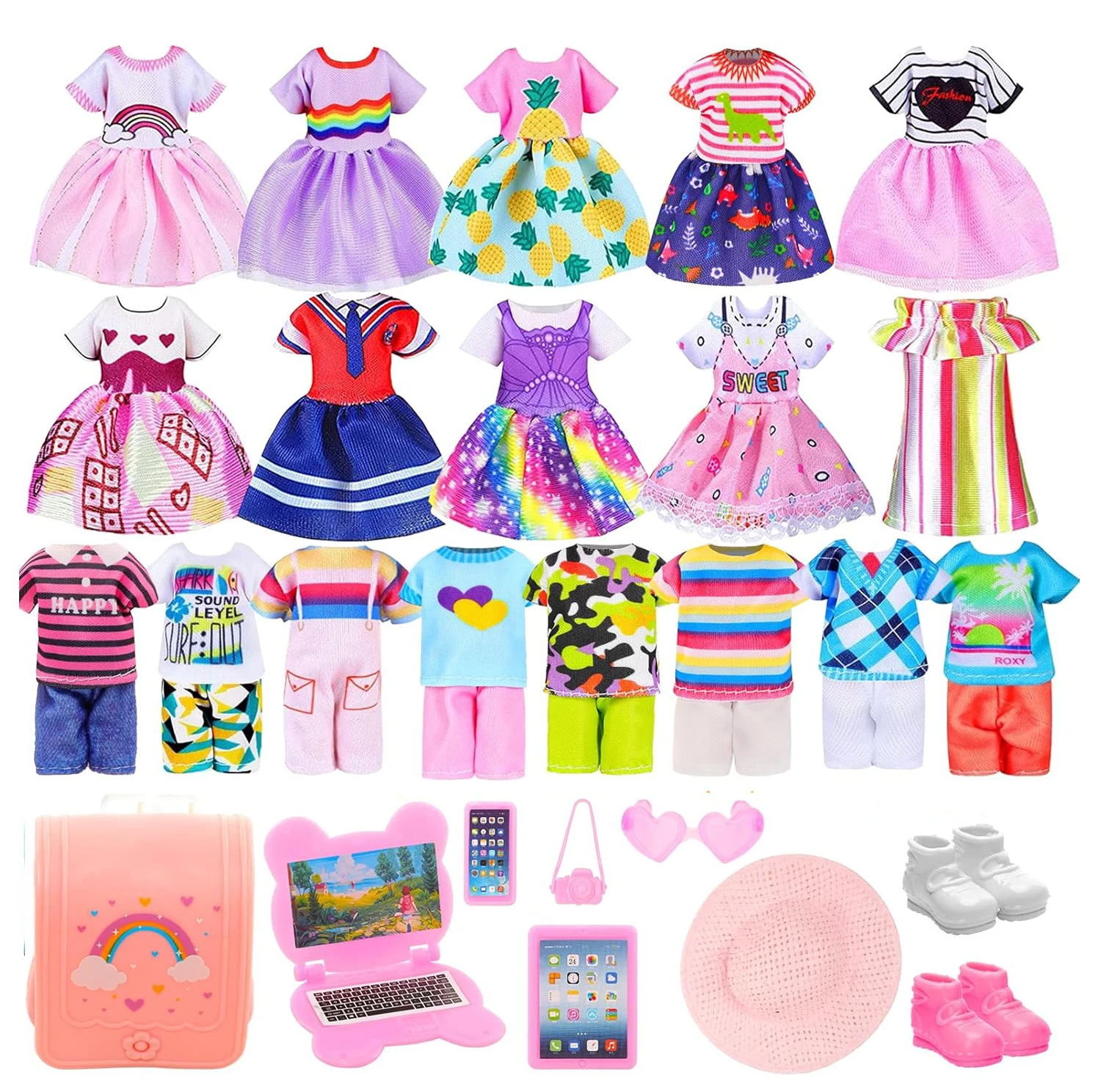 17Pcs Doll Clothes Accessories for 5.3''/13cm Dolls 4 Clothes for girl +4 Casual Tops Pants for Boy +8 Accessories Kids Toys