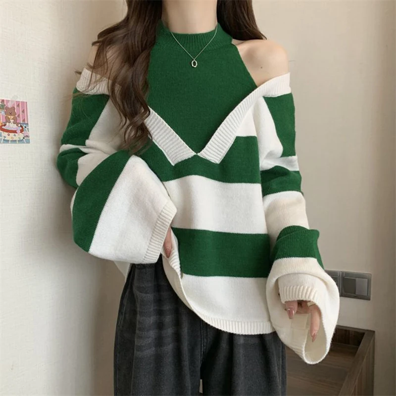 Y2K Stripe Halter Women Sweaters Korean Knitted Loose Patchwork Female Pullovers Autumn Preppy Style All Match Chic Ladies Tops