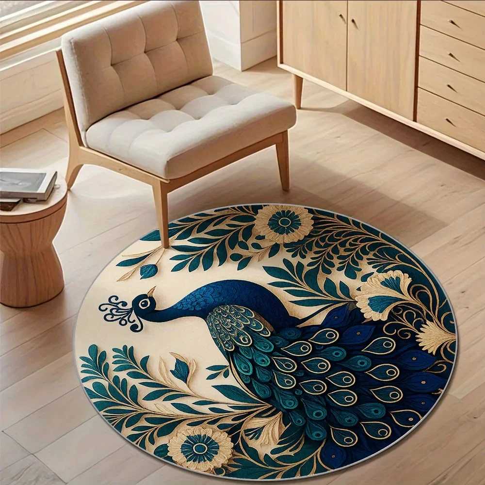 ~O~Luxury Turquoise & Gold Peacock Round Rug – Non-Slip Floor Mat for Living Room, Bedroom & Home Decor