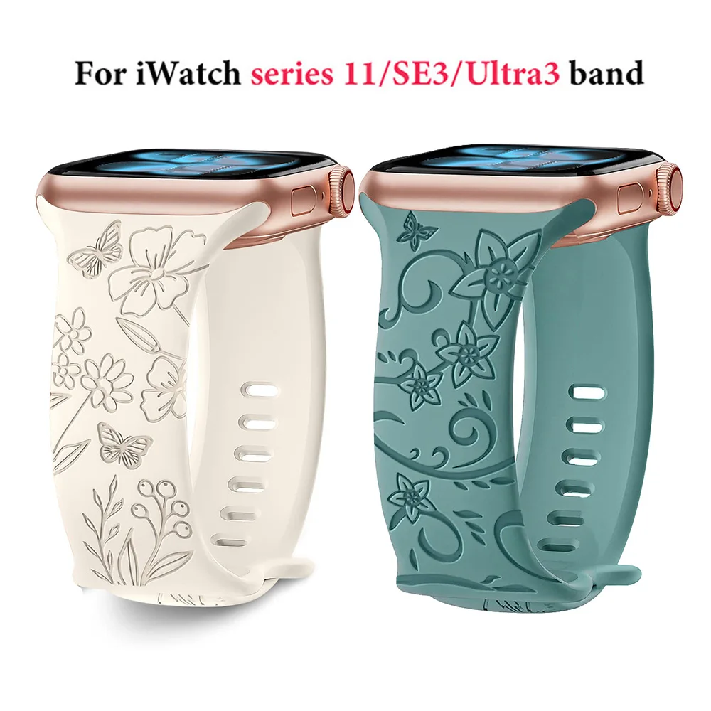 Cinturino inciso floreale per cinturino Apple Watch 40mm 44mm 41mm 49mm 45mm 38mm 42mm braccialetto in silicone serie iwatch 9 7 se 6 8 ultra 2