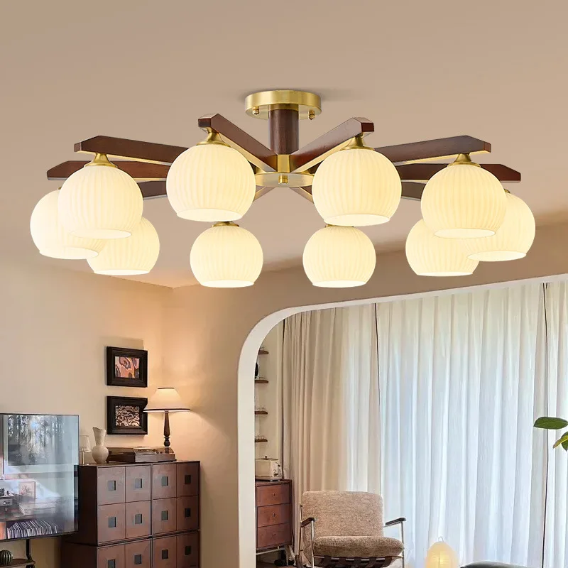 

Medieval style living room chandelier All copper solid wood American retro style bedroom dining room light Simple and advanced l