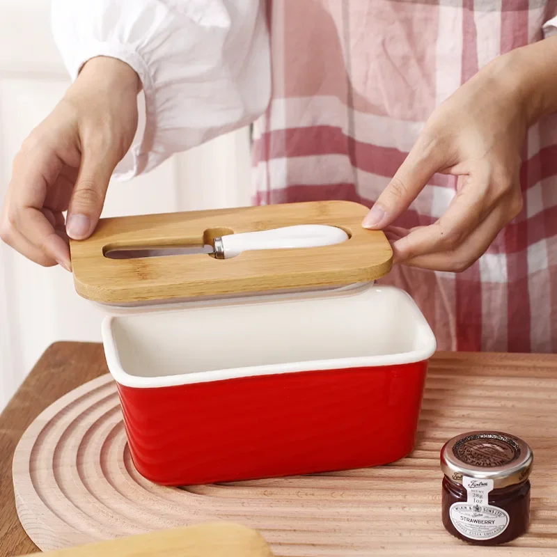 White Round Butter Box with Knife Ceramic Crisper with Wooden Cover Household Square Butter Box Tableware Kitchen Supplies