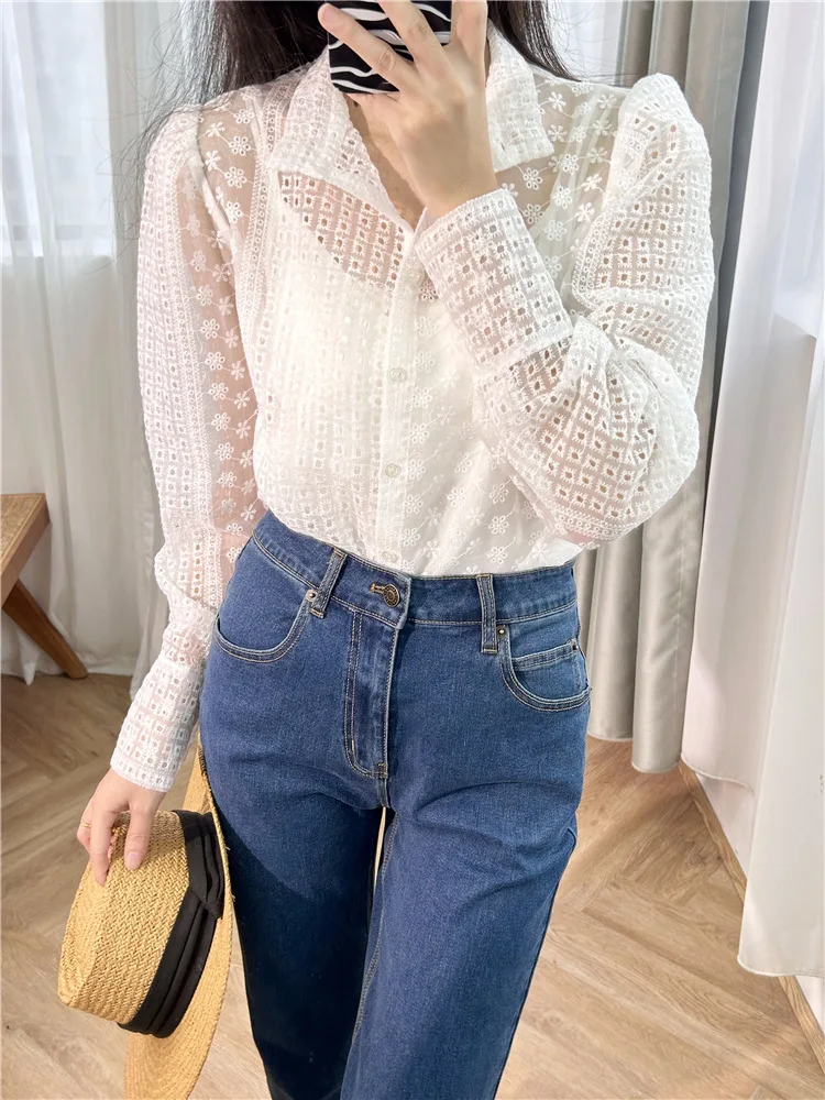 

Women Perspective Shirt Two Pieces Set Floral Embroidery Stand Collar Long Sleeve Single Breasted Sweet Spring 2024 Blouse