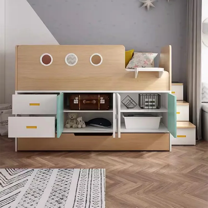 

Children's multi-functional half-height bed, one child, one daughter, high and low children, mother on and off the bed, wardrobe