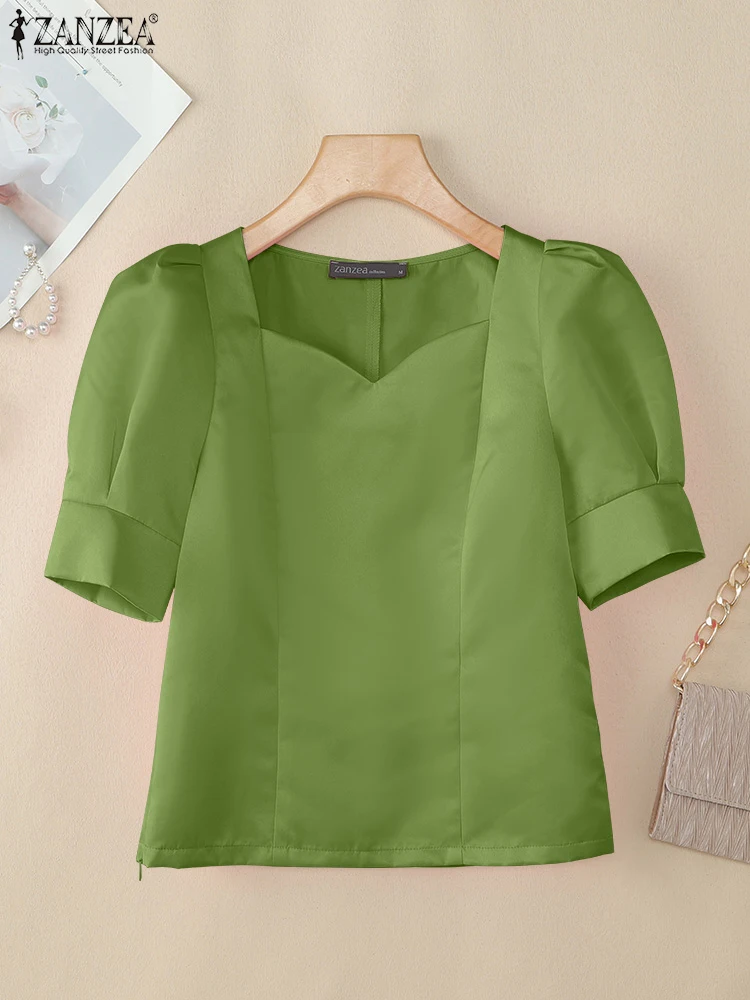 ZANZEA Elegant Shiny Satin Blouses Woman Summer 2025 Fashion Heart-Shaped Collar Short Puff Sleeve Blusas Mujer Solid Short Tops
