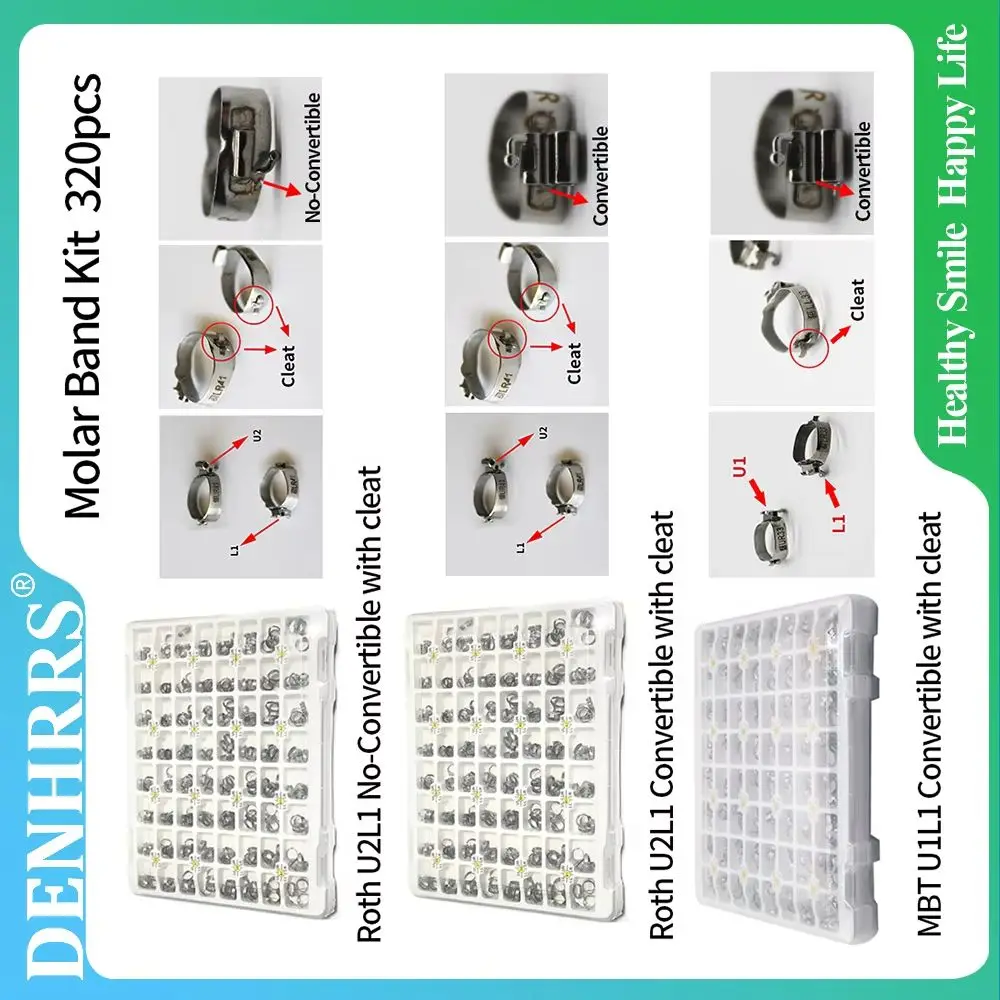 

1Box 320Pcs Molar Band with Roth/MBT U1L1 U2L1 Buccal Tube and Cleat No-convertible convertible