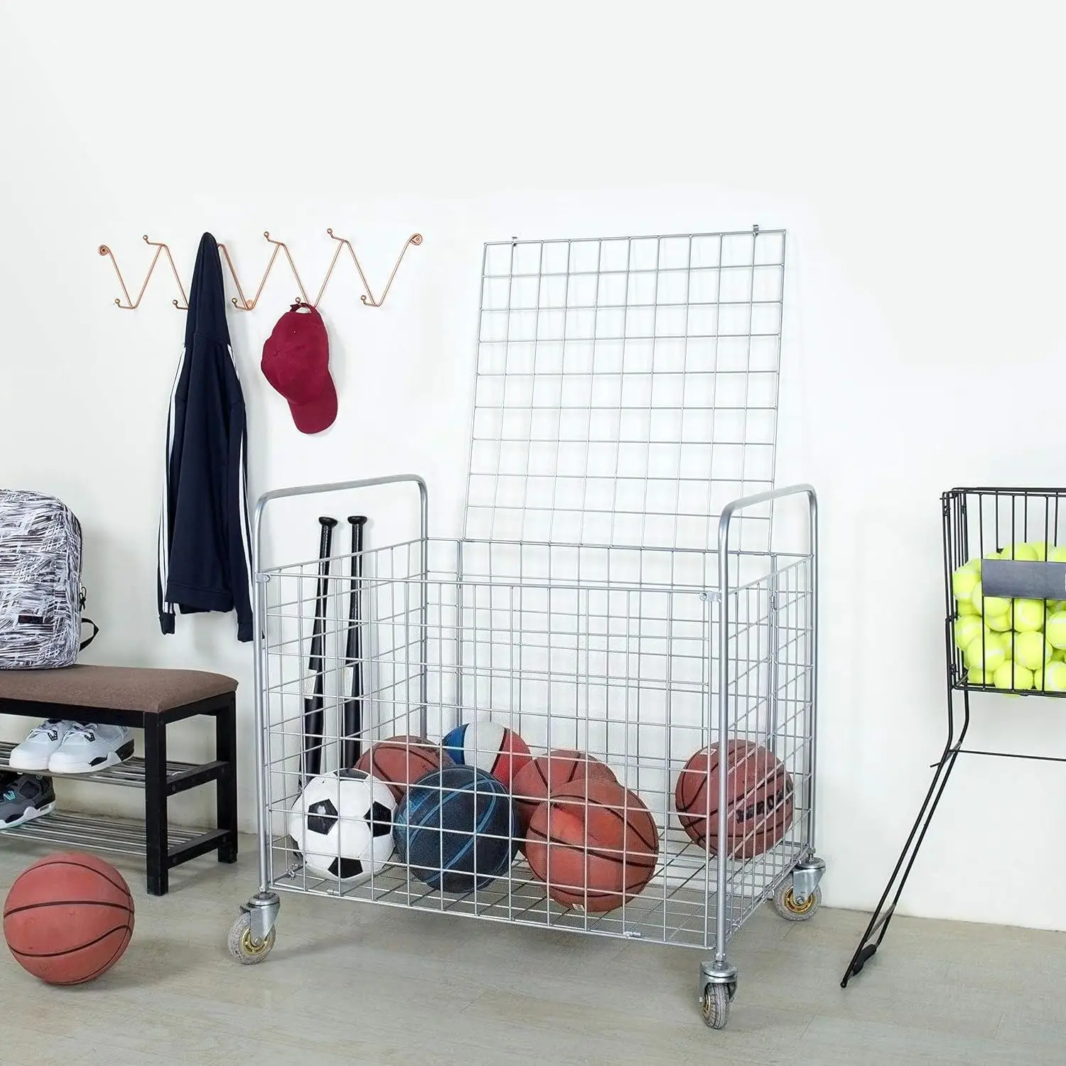 プロ仕様ジム用メタルマルチスポーツボール収納カート、ジャンボ工業用ホイール付き、業務用ポータブル