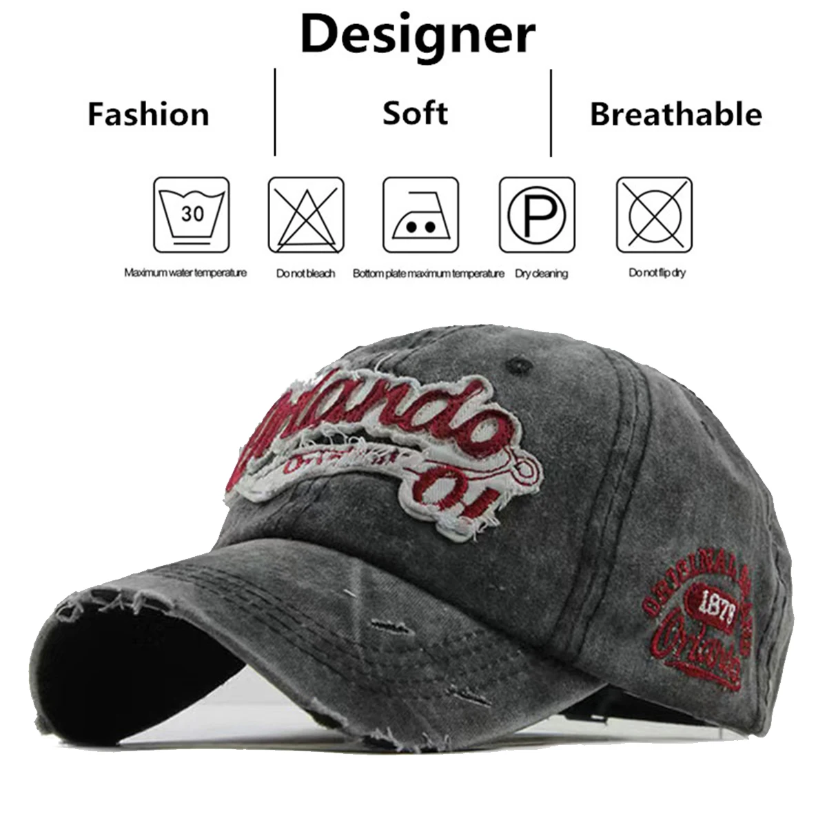 Unisex Orlando 01 Letter Embroidery Wash Baseball Caps Spring and Autumn Outdoor Adjustable Casual Hats Sunscreen Hat