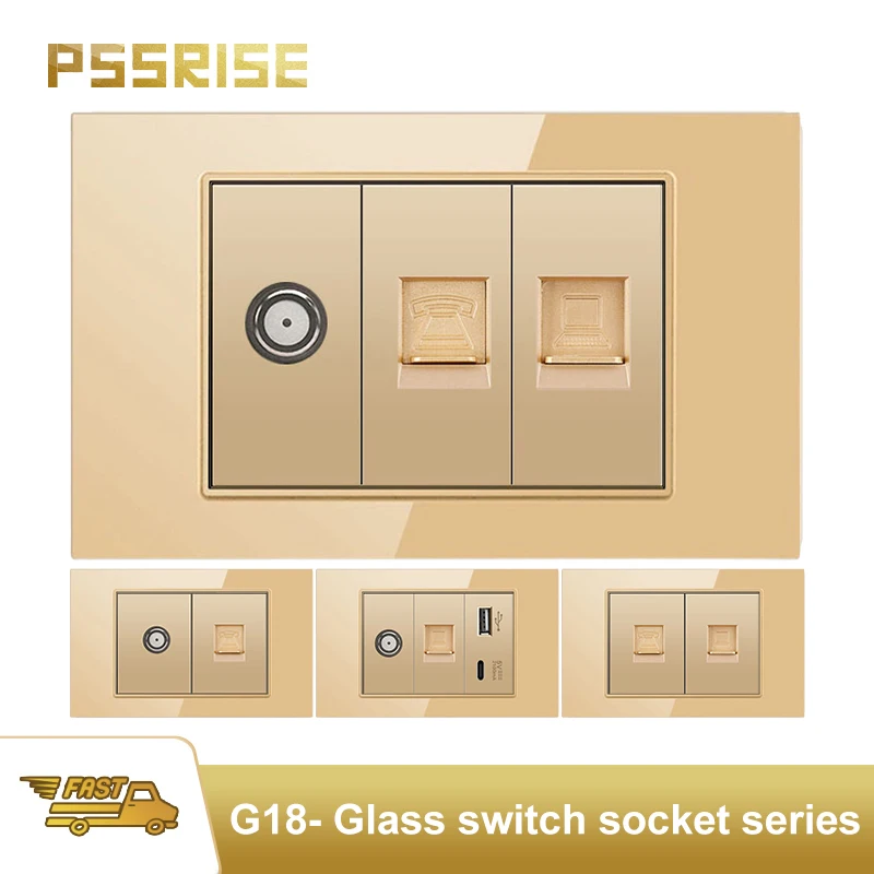 

PSSRISE Gold ALL Countries Universal Wall Socket 2.1A USB Type C Charger Power Socket Glass Panel TV TEL Computer Socket Switch