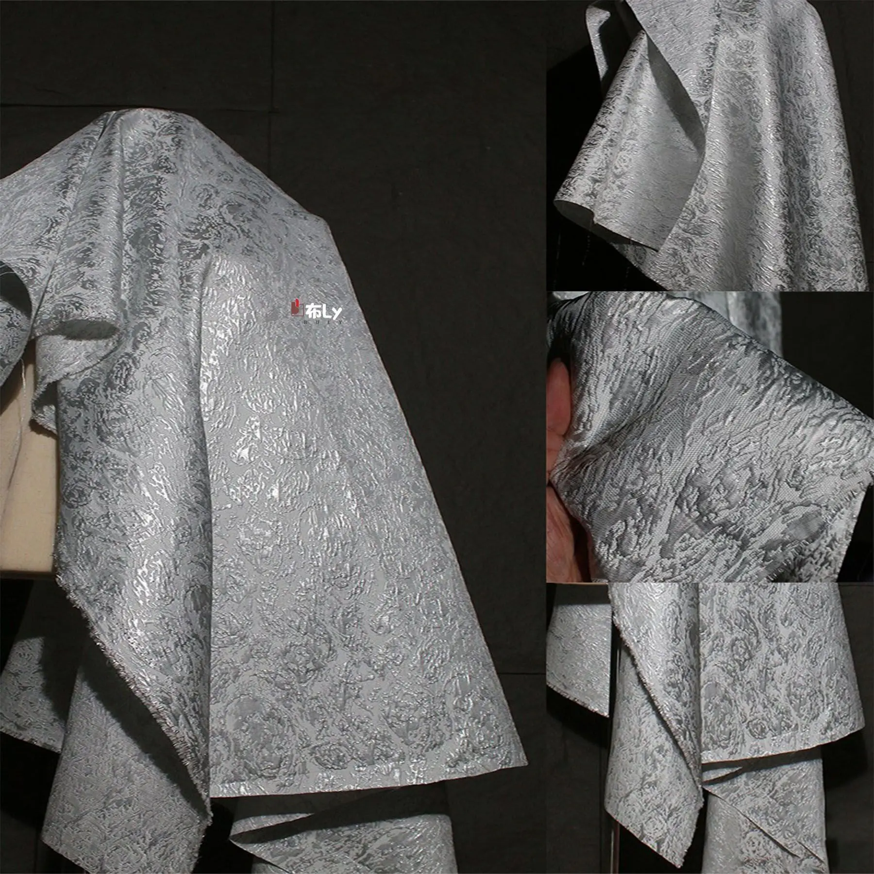 Tessuto jacquard bianco e argento tridimensionale creativo di fascia alta, abito Hanfu in stile nazionale, tessuto di abbigliamento firmato