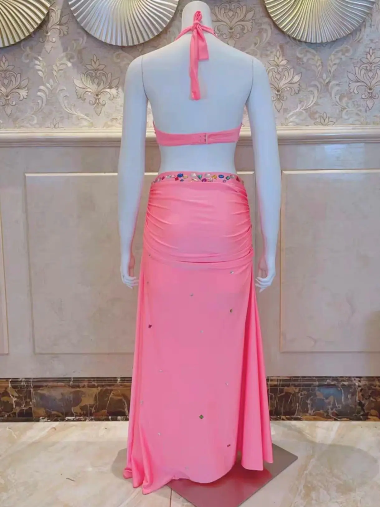 Aangepaste buikdans oefenjurk beha top + split lange rok 2 stuks oosterse katoenen groepspak buikdanskleding outfit