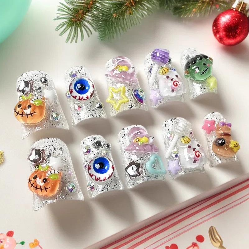 10 pièces nouveaux produits annuels Halloween édition limitée faux ongles faits à la main tête de citrouille fantômes squelette humain oeil de chat faux ongles