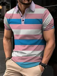 Men's Summer Short Clothes Sleeved Lapel 3d Printed T-Shirt Digital Striped Polo Shirt Men's Business Casual Fashion Top Clothes