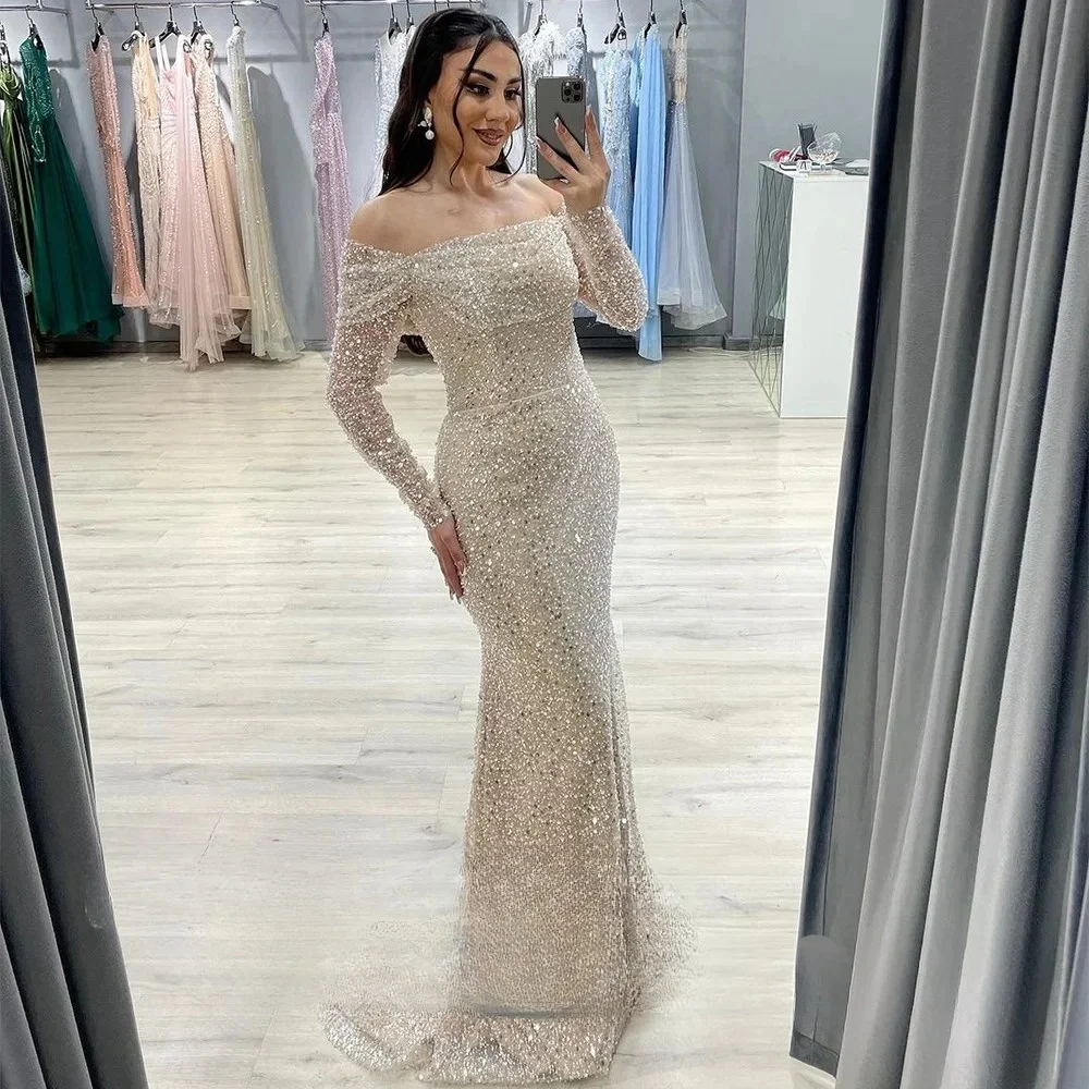 

Customized Sparkly Champagne Beading Sequined Pearls Mermaid Prom Dresses Off Shoulder Evening Gowns Formal Dress Wedding Dress