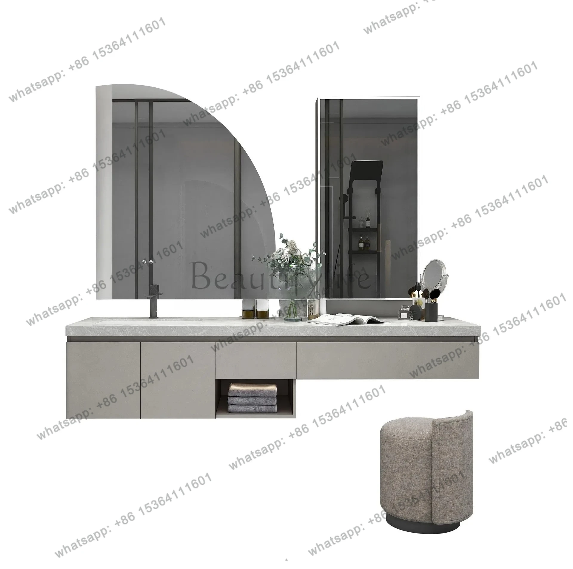 

Cream Style Vanity Cabinet Makeup Bathroom Slab Countertop Combination Wash Basin Moisture-Proof Mirror Cabinet