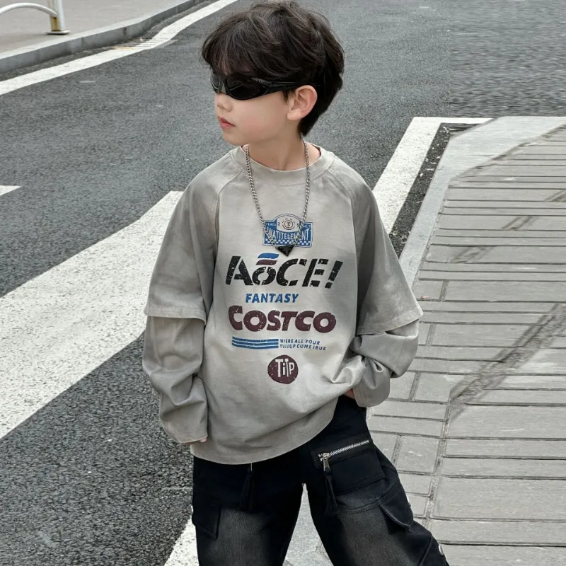 

Boys Fake Two Sweater 2025 Spring and Autumn New Children's Fashion Letter Loose Casual Top Children's Crew Neck Jumper Tide