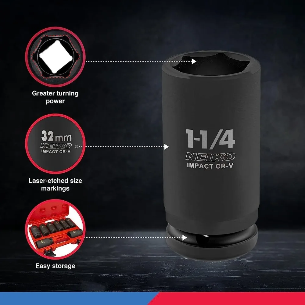 3/4 Inch Drive Impact Socket Set SAE 1 Inch to 1-1/2 Inch 8PC Deep Jumbo Sockets Chrome Vanadium