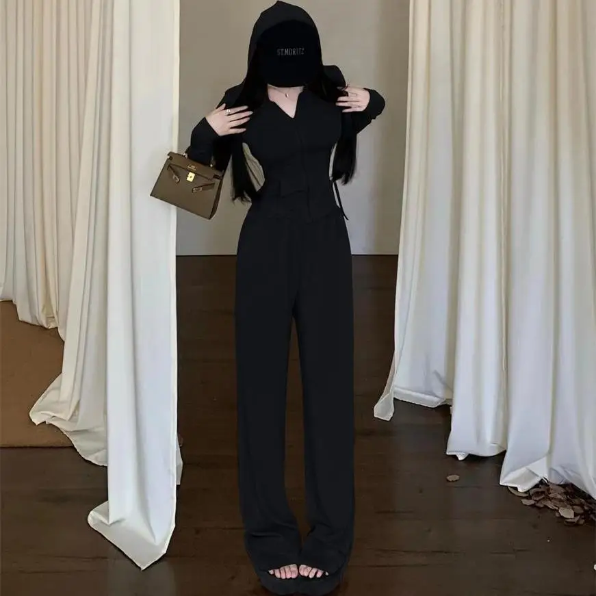 

Весенне-летний женский комплект из двух предметов: укороченный кардиган с капюшоном и широкие брюки, повседневный модный стиль