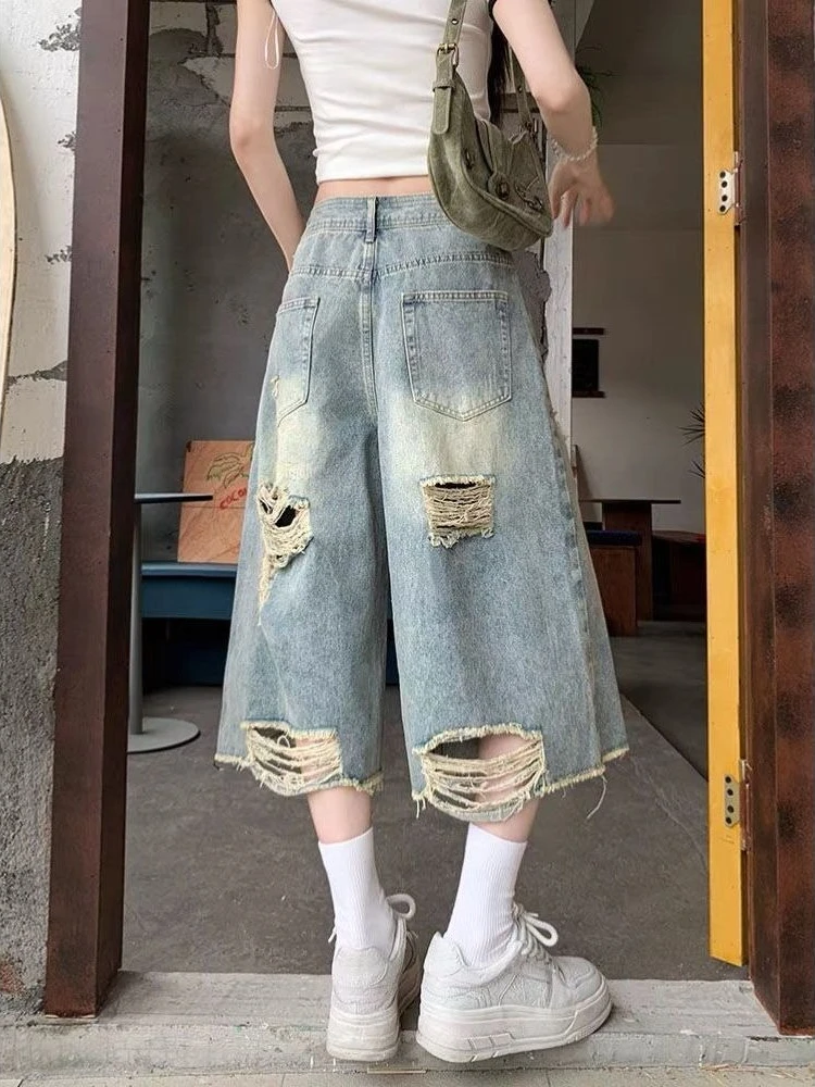 

High Waist Frayed Hem Distressed Shorts Women's Loose Fit Denim Summer Vintage American Style