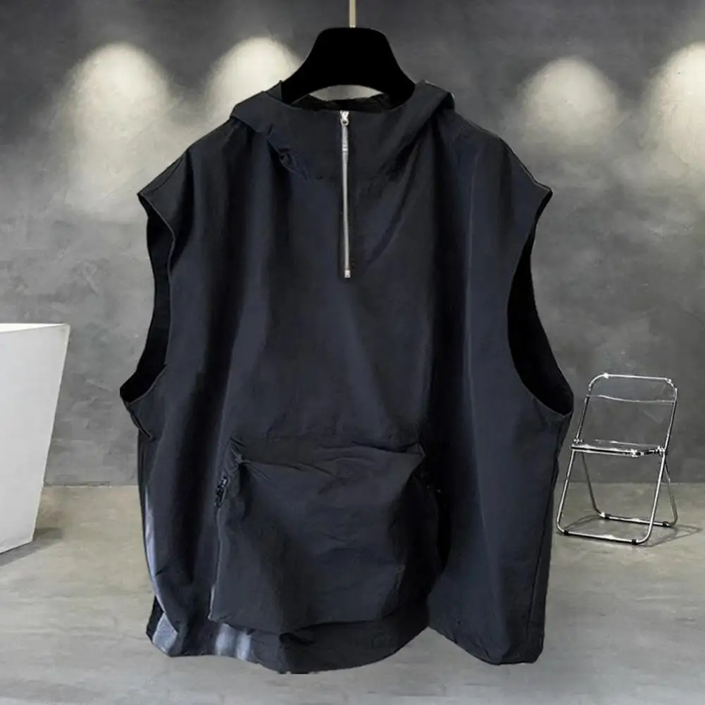 Men Zippered Vest Men Hooded Vest Quick drying Men's Hooded Zipper Vest Jacket Hip Hop Style with Large Pockets Sun Protection