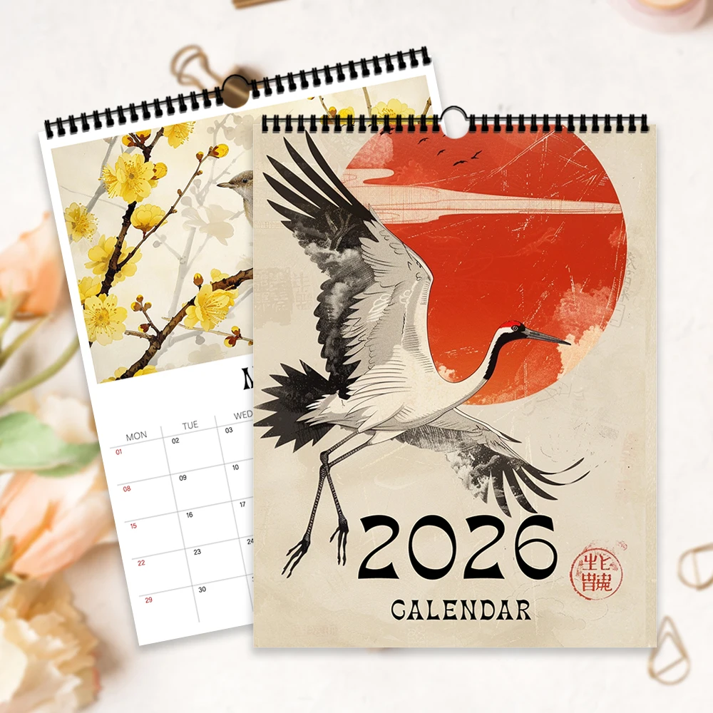 

1 шт., настенный календарь в японском стиле в стиле ретро 2026 года, серия Ukiyo-e, 12 разных дизайнов, настенный календарь, день рождения, рождественский подарок