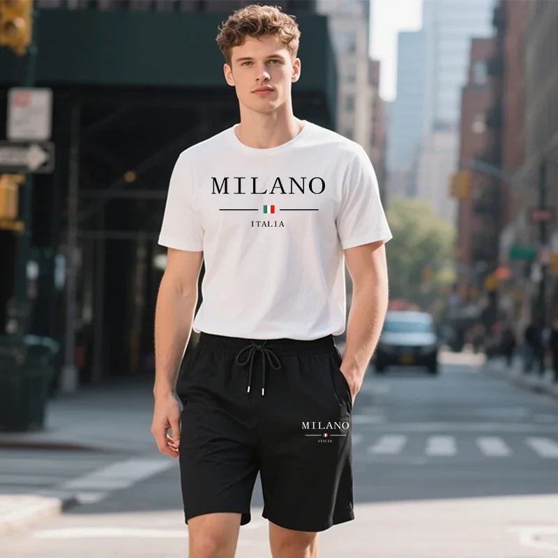 

Hot Sales Men's Tracksuit Exercise T-shirt+Shorts 2 Pcs Set Fitness Sports Jogging Shorts Suit Printing Summer Casual Short Suit